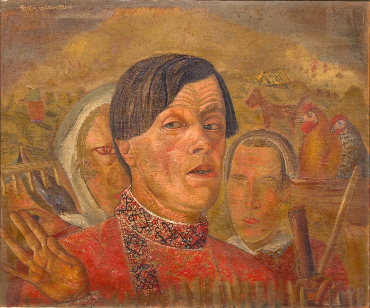 ok. autoportret z kogutem i kurą; 1924 autorstwa Boris Dmitrievich Grigoriev