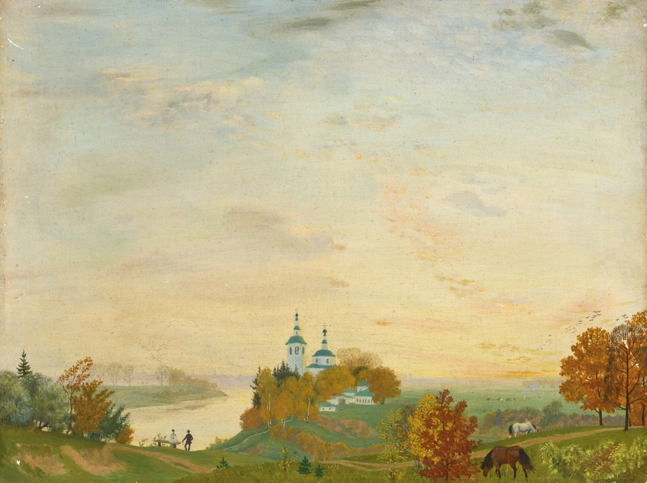 Nad rzeką, jesień, 1919 autorstwa Boris Mikhailovich Kustodiev