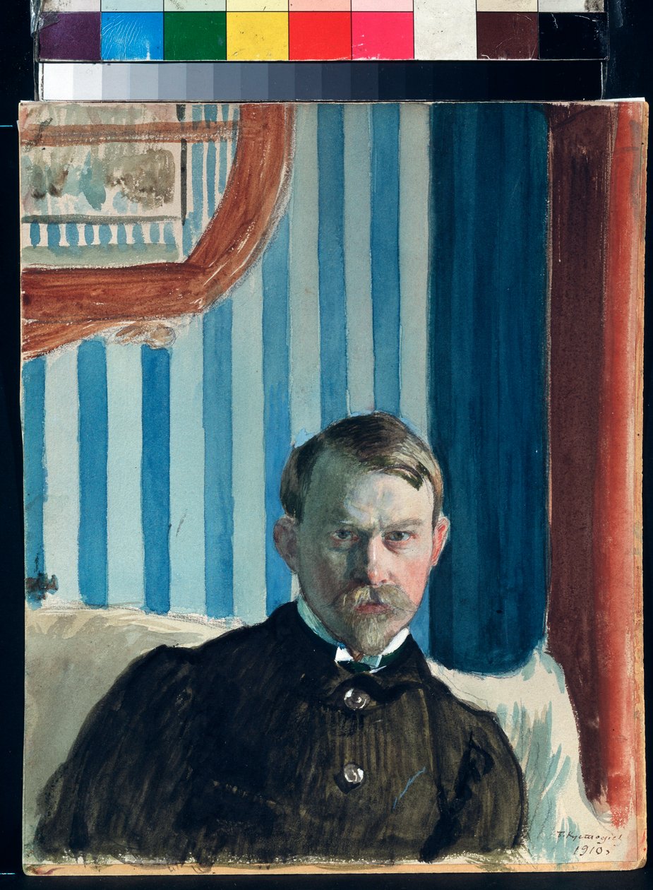 Autoportret (Autoportret) - Praca Borisa Michajłowicza Kustodiewa (1878-1927), akwarela, gwasz i tusz na papierze autorstwa Boris Mikhailovich Kustodiev