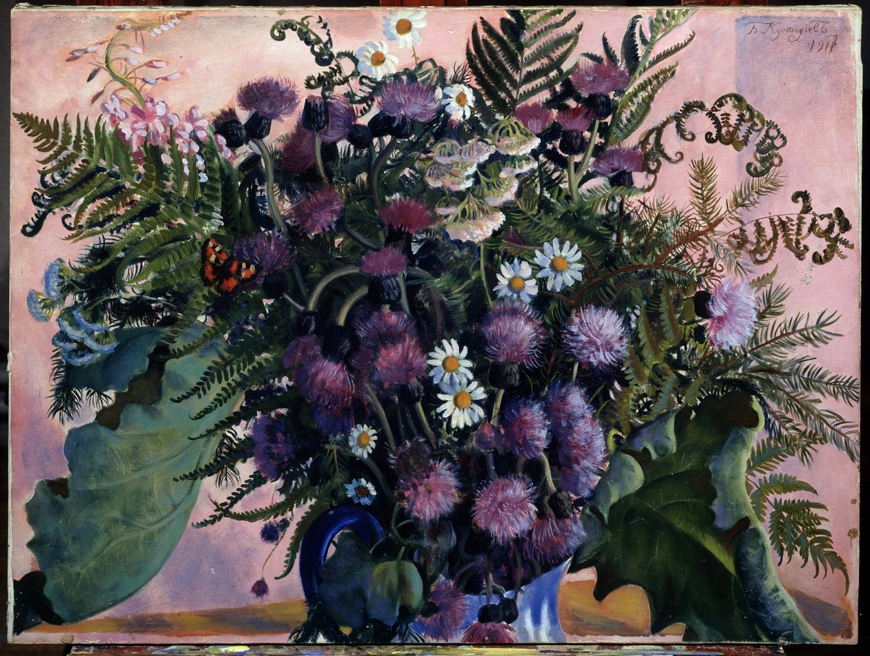 Bukiet kwiatów fińskich. (Fiński bukiet kwiatów). Obraz Borisa Michaylovicha Kustodieva (Kustodiev) (1878-1927), olej na płótnie autorstwa Boris Mikhailovich Kustodiev