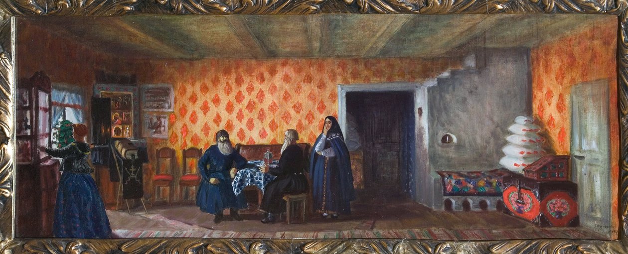 Decor preparatoire pour la piece de theatre „La mort de Pasuchhin” de Michaiła Sałtykowa-Szczedrina (Sałtykowa Szczedrina, Sałtykowa-Szczedrina, Sałtykowa Czczedryna) (1826-1889) (Scenografia do spektaklu „Śmierć Pasuchina” M. Sałtykowa Szczedrina) ). autorstwa Boris Mikhailovich Kustodiev