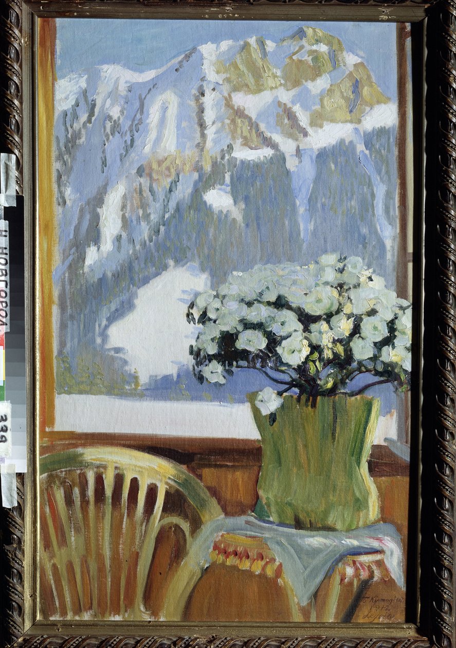Kwiaty na balkonie z widokiem na góry. Obraz Borisa Michaylovicha Kustodieva (Kustodiev) (1878-1927), olej na płótnie autorstwa Boris Mikhailovich Kustodiev