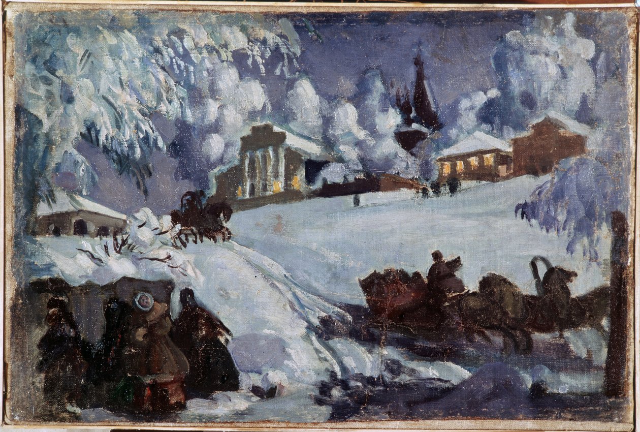 Zima, sanki (Zima. Kulig). Obraz Borisa Michaylovicha Kustodieva (Koustodiev) (1878-1927), olej na płótnie, ok. 1920 r. Sztuka rosyjska, początek XX wieku. Prywatna kolekcja. autorstwa Boris Mikhailovich Kustodiev