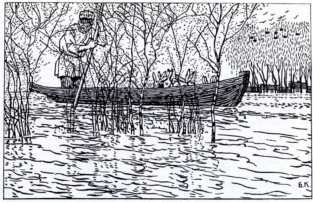 Ilustracja do wiersza Dziadek Mazay i zające N. Niekrasowa, 1910 autorstwa Boris Mikhailovich Kustodiev