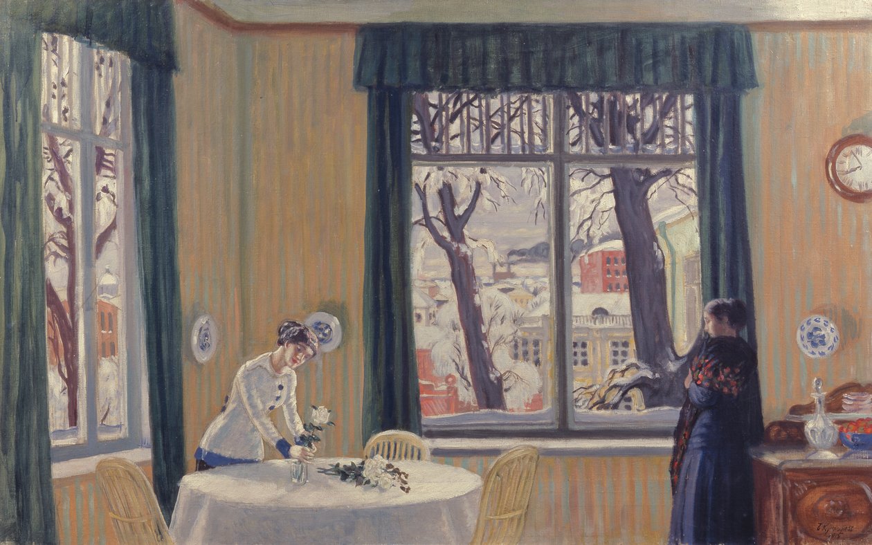 W pokoju. Zima, 1915 autorstwa Boris Mikhailovich Kustodiev