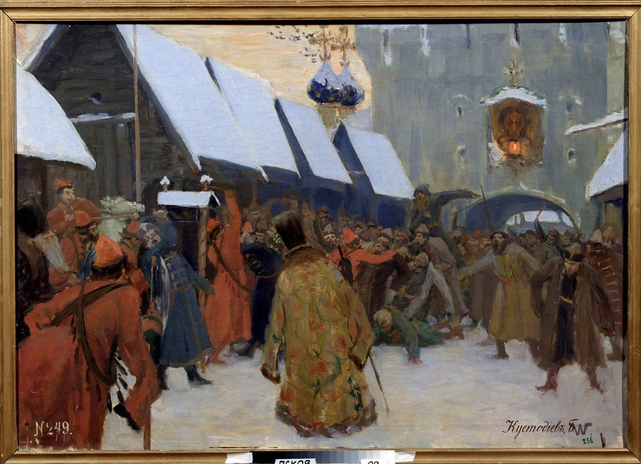 Bunt ludu przeciwko bojarom (bojar, bojar). (Bunt ludowy przeciwko bojarom). Scena uliczna w Wielkim Księstwie Moskiewskim, powstanie ludowe przeciwko starej rosyjskiej szlachcie autorstwa Boris Mikhailovich Kustodiev