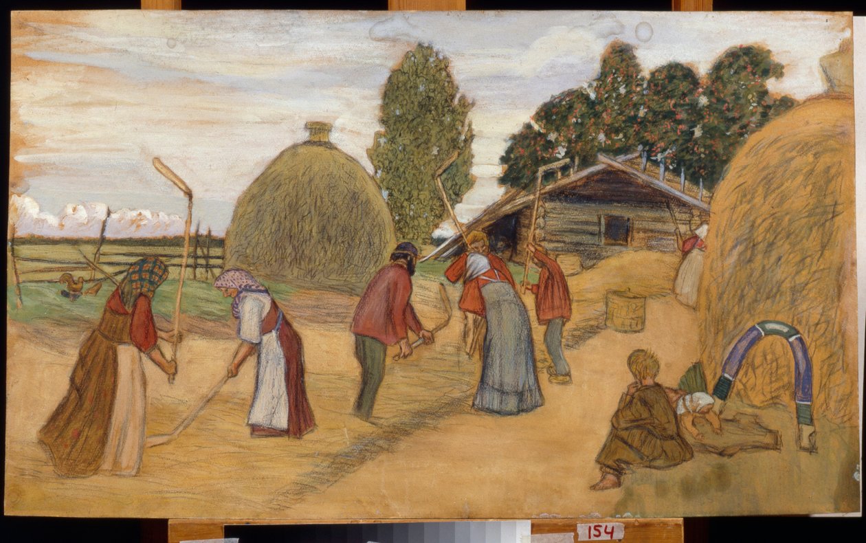 Młócenie żniwa cepem (Młócenie) - Praca Borisa Michaylovicha Kustodieva (Koustodieva) (1878-1927), pastel na tekturze, 59x100 cm autorstwa Boris Mikhailovich Kustodiev