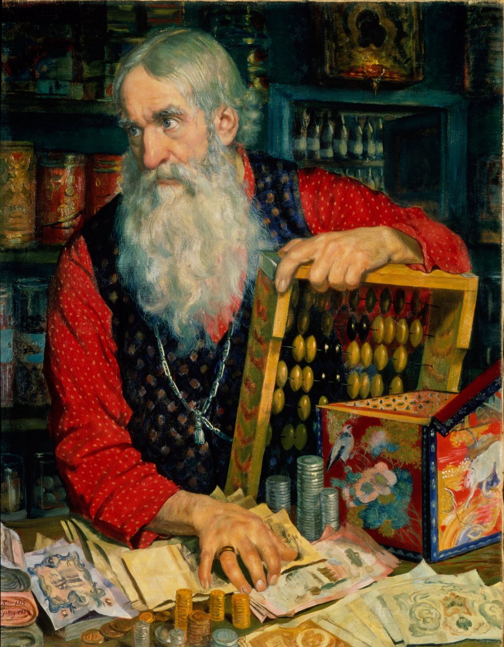 Kupiec (staruszek z pieniędzmi i liczydłem). Obraz Borisa Michaylovicha Kustodieva (Kustodiev) (1878-1927), olej na płótnie autorstwa Boris Mikhailovich Kustodiev