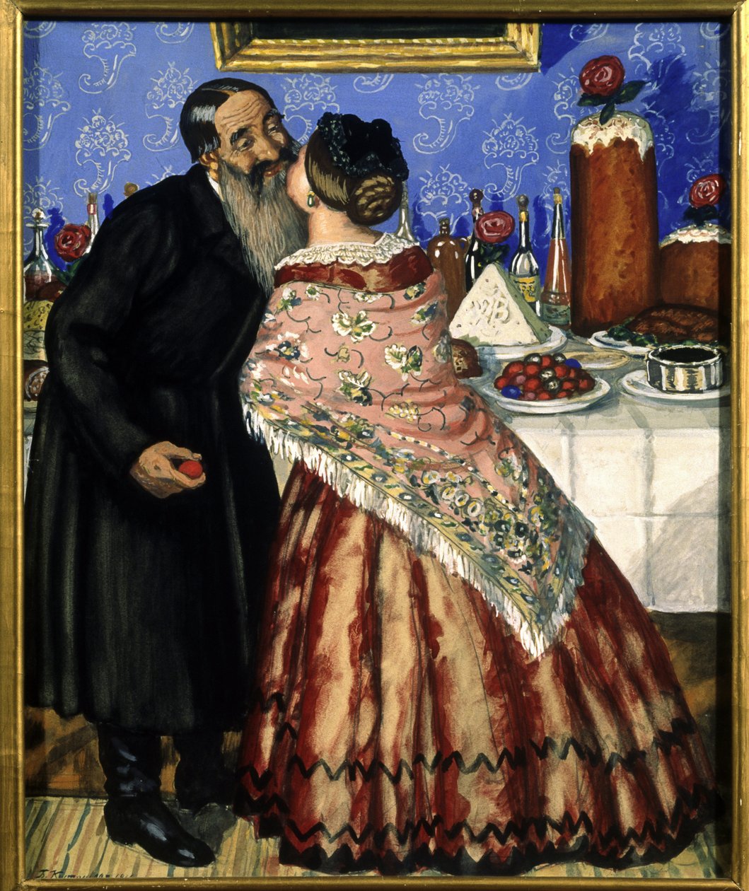 Pozdrowienia paschalne (pocałunek pary przy stole z posiłkiem wielkanocnym) (Pozdrowienie paschalne) - Obraz Borysa Michajłowicza Kustodiewa (1878-1927), tempera na tekturze autorstwa Boris Mikhailovich Kustodiev