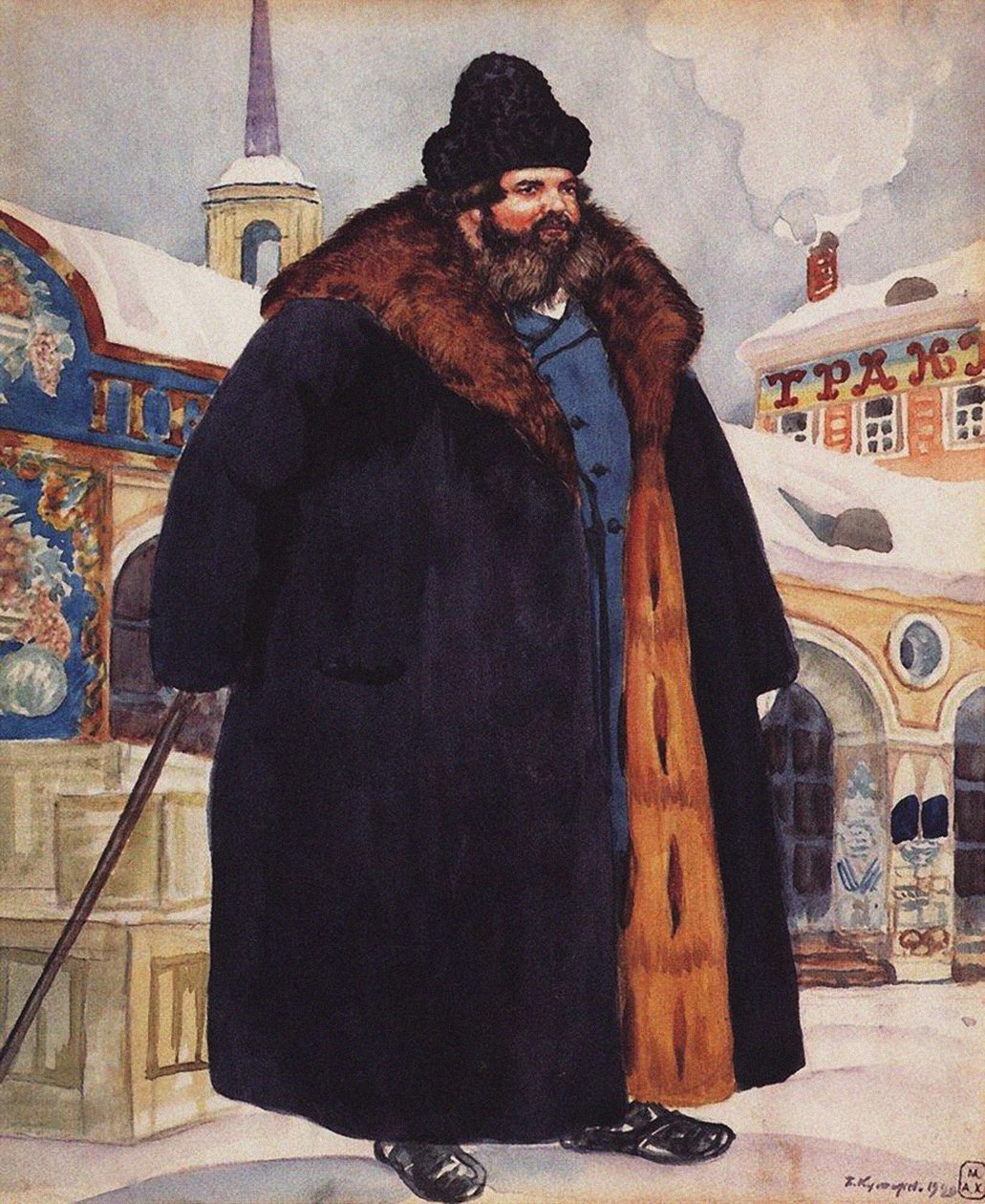Kupiec w futrze, 1920 autorstwa Boris Mikhailovich Kustodiev