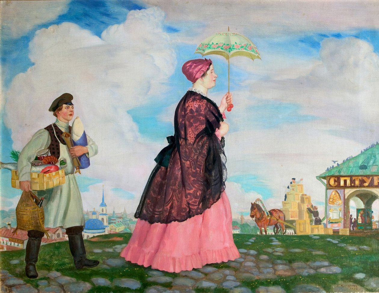Kupiecka kobieta z zakupami, 1920 autorstwa Boris Mikhailovich Kustodiev