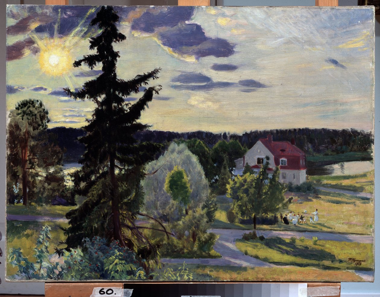 Wieczór Krajobraz. Grupa dzieci bawi się piłką na trawniku przed domem. Obraz Borisa Michaylovicha Kustodieva (Kustodiev) (1878-1927), olej na płótnie autorstwa Boris Mikhailovich Kustodiev