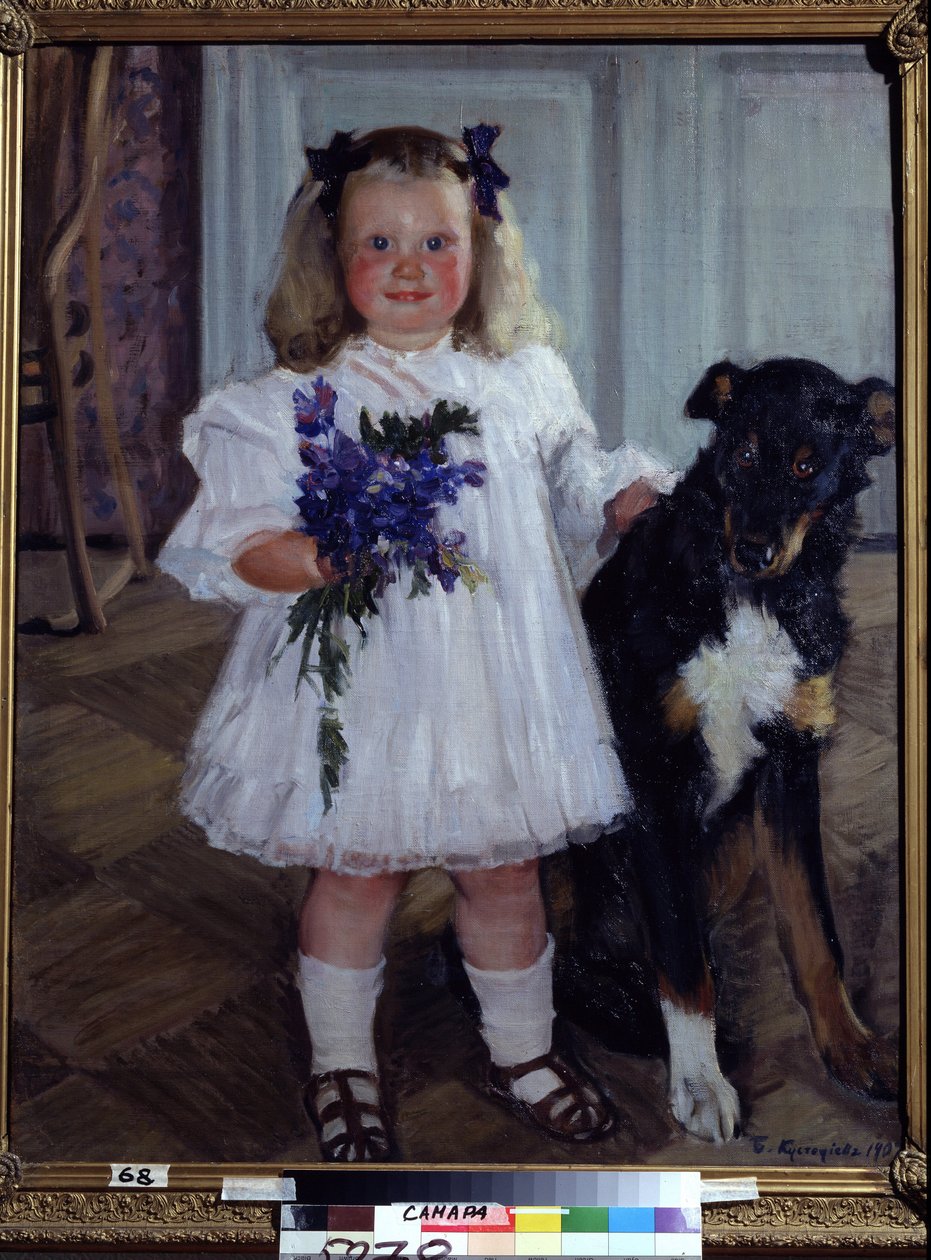 Portret Córki Iriny Z Psem Shumka. Obraz Borisa Michaylovicha Kustodieva (Kustodiev) (1878-1927), olej na płótnie autorstwa Boris Mikhailovich Kustodiev