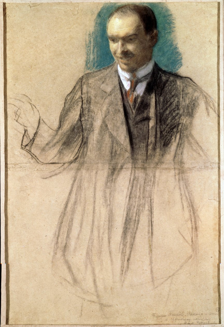 Portret artysty Kouzmy Petrov-Vodkine (Petrov Vodkine) (1878-1939). (Portret artysty Kusmy Pietrowa Wódkina). Oeuvre de Boris Michaylovich Kustodiev (Kustodiev) (1878-1927), pastel sur karton autorstwa Boris Mikhailovich Kustodiev