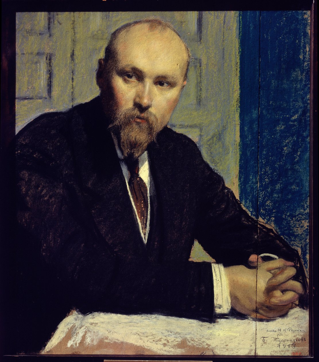 Portret artysty Nicolasa Roericha (1874-1947) (Portret artysty N. Roericha). Prace Borisa Michaylovicha Kustodieva (Kustodieva) (1878-1927), pastel na tekturze autorstwa Boris Mikhailovich Kustodiev