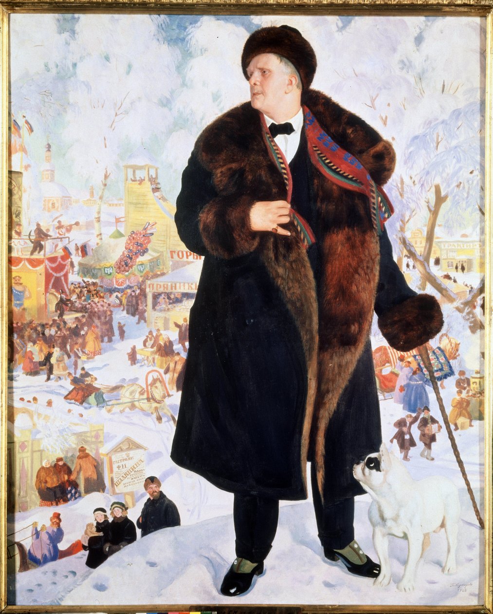 Portret piosenkarza Fiodora (Fiodora, Fedora) I. Chaliapina (Chaliapin) (1873-1938) (Portret piosenkarza F.I.Shalyapina). W futrze i czapce, w towarzystwie wpatrującego się w niego buldoga, piosenkarka dumnie stoi przed animacjami autorstwa Boris Mikhailovich Kustodiev