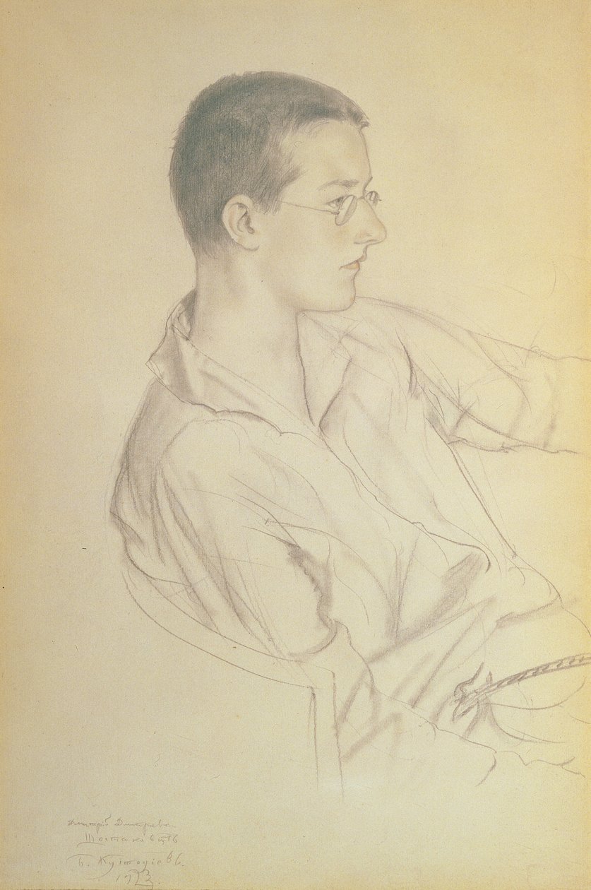 Portret Dymitra Dymitra Szostakowicza (1906-75), 1923 (ołówek na papierze) autorstwa Boris Mikhailovich Kustodiev