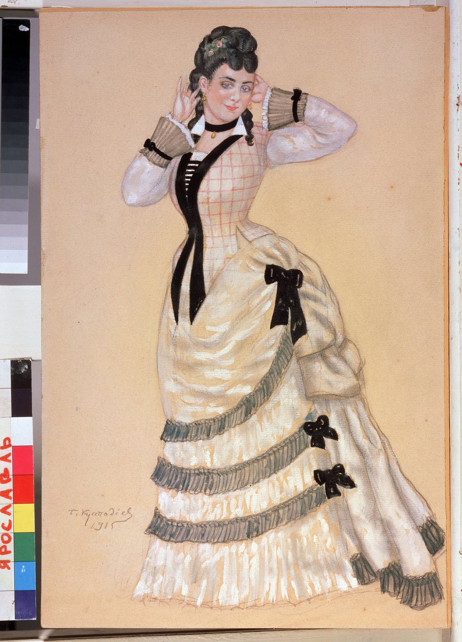 Projekt kostiumów kobiecych do sztuki teatralnej Wilk i owce Aleksandra Ostrowskiego (1823-1886) (projekt kostiumów do spektaklu Wilki i owce A. Ostrowskiego). Praca Borisa Michaylovicha Kustodieva (Kustodiev) (1878-1927), akwarela na karcie autorstwa Boris Mikhailovich Kustodiev