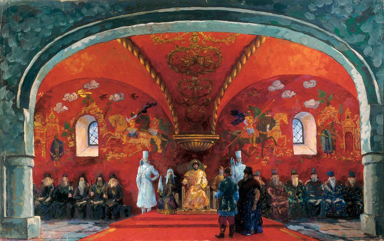 Reprezentacja Borysa Fiodorowicza Godunowa (1551-1605), cara Rosji, Dekoracja do spektaklu teatralnego „Borys Godunow” Aleksandra Siergiejewicza Puszkina (olej na płótnie) autorstwa Boris Mikhailovich Kustodiev