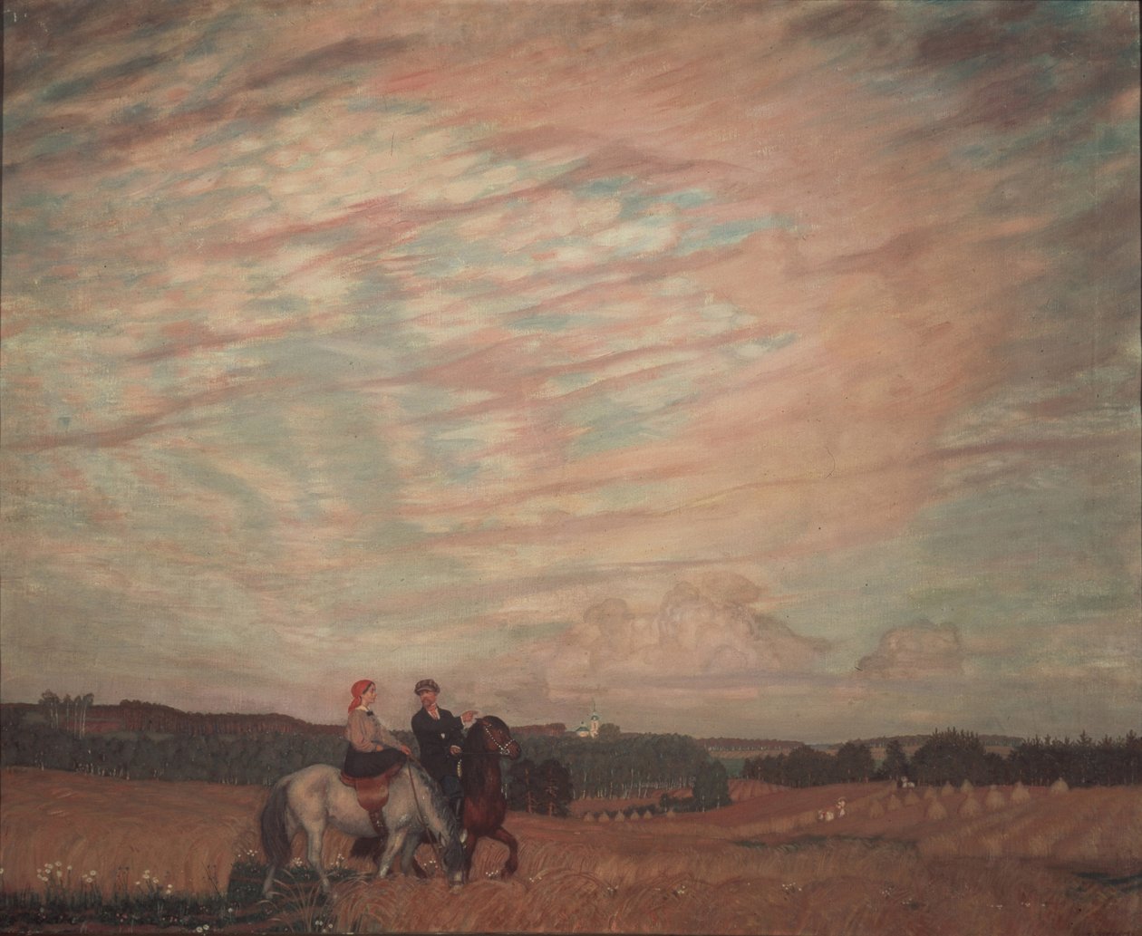 Autoportret z żoną na koniu, 1915 autorstwa Boris Mikhailovich Kustodiev