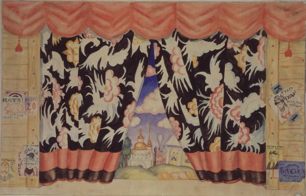 Szkic kurtyny do spektaklu teatralnego Pchła E. Zamiatina, 1925-1926 autorstwa Boris Mikhailovich Kustodiev