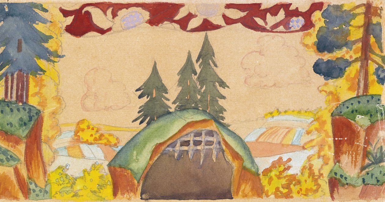 Scenografia do opery Złoty Kogucik N. Rimskiego-Korsakowa, 1927 autorstwa Boris Mikhailovich Kustodiev