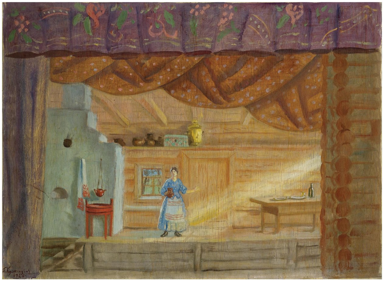 Scenografia do spektaklu Virineya Lidii Seyfulliny, 1925 autorstwa Boris Mikhailovich Kustodiev