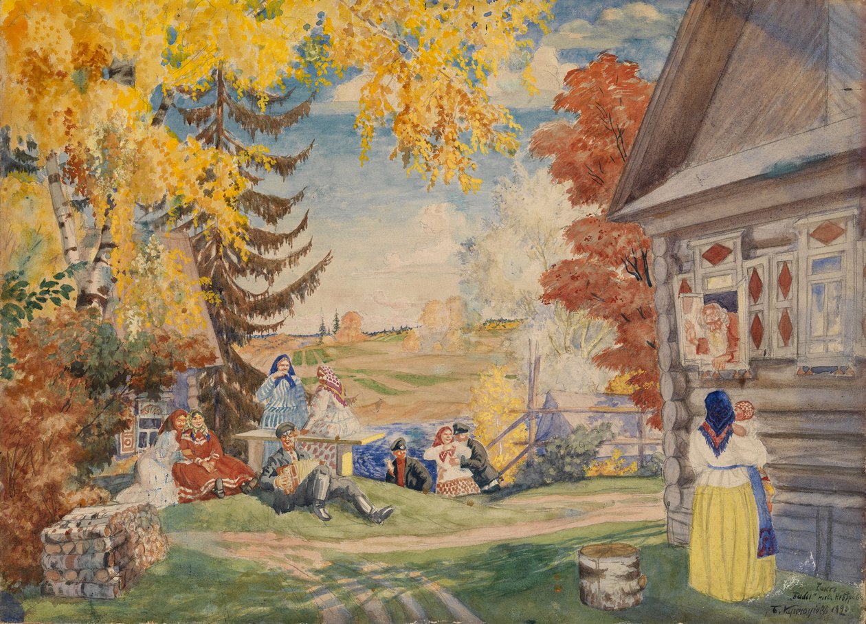 Scenografia do sztuki teatralnej Chłopki Aleksandra Neverowa, 1920 autorstwa Boris Mikhailovich Kustodiev