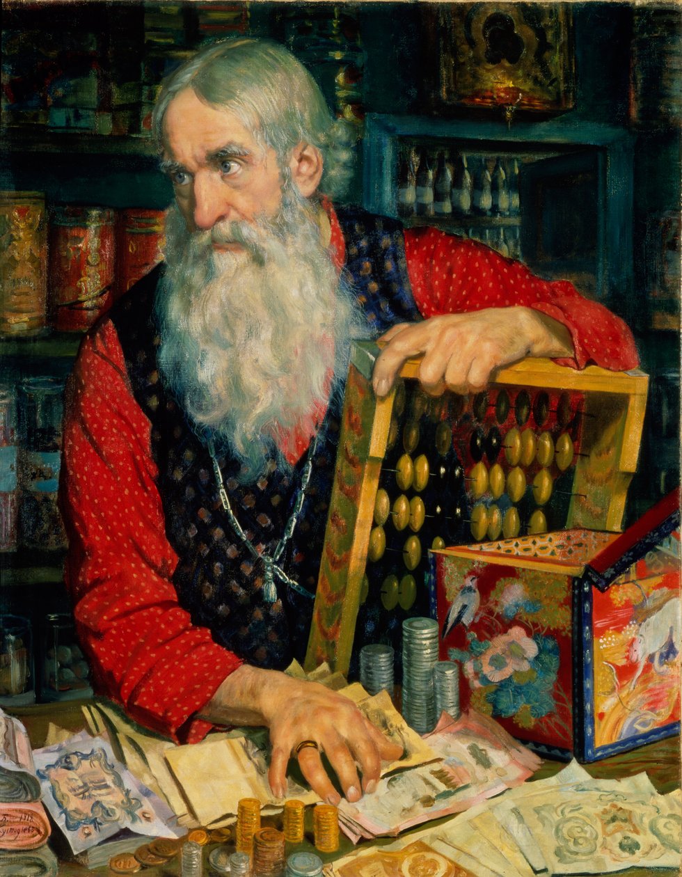 Kupiec stary człowiek z pieniędzmi, 1918 autorstwa Boris Mikhailovich Kustodiev