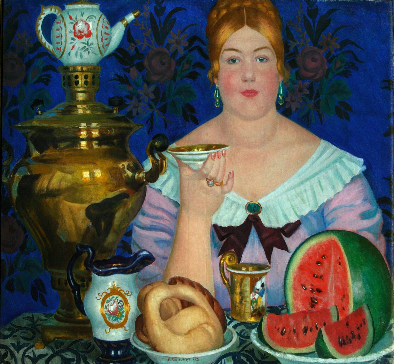 Żona kupców pijąca herbatę, 1923 autorstwa Boris Mikhailovich Kustodiev