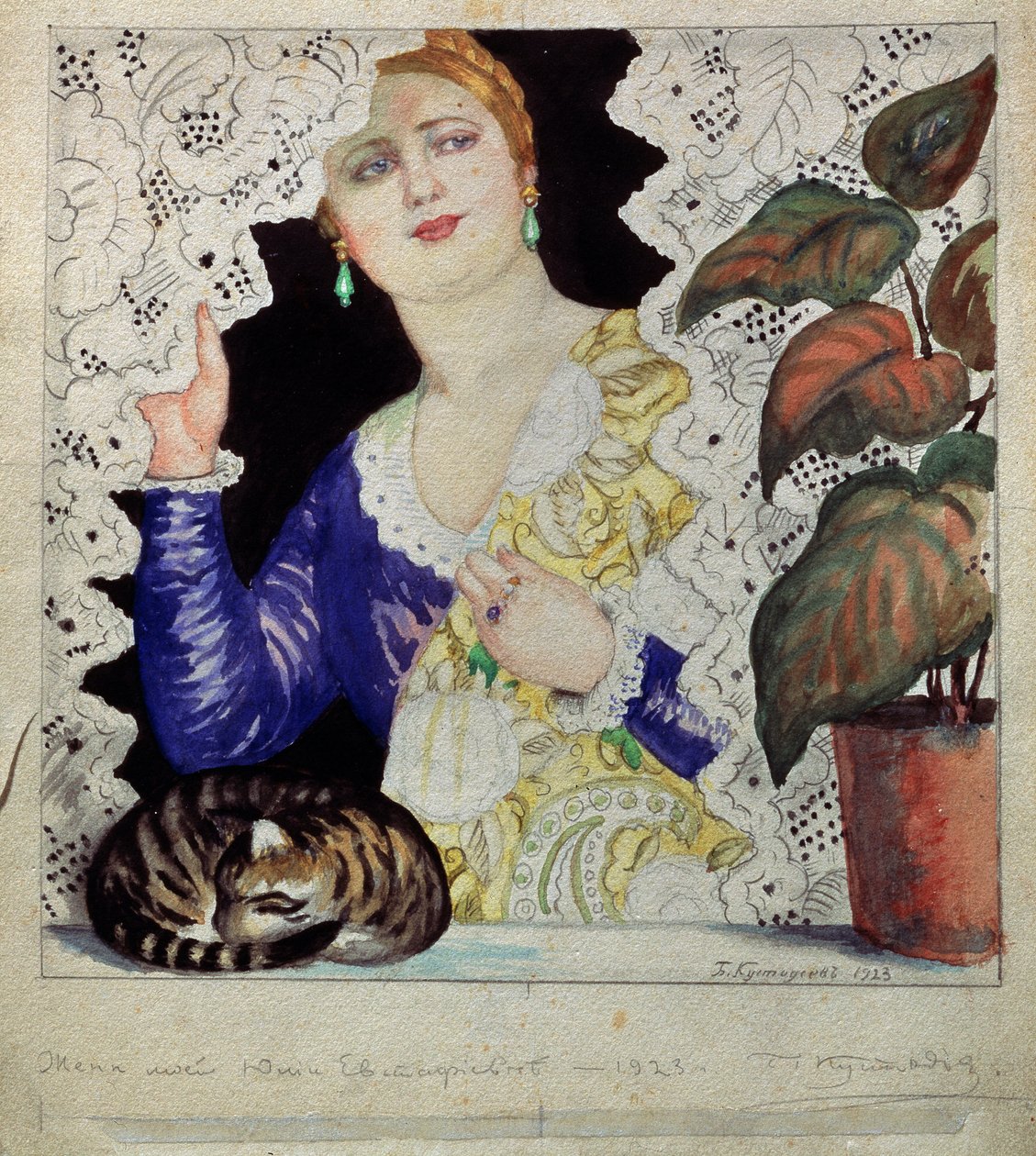 Une femme russe a sa fenetre (Rosyjska dziewczyna przy oknie). Jasnowłosa, zadbana kobieta (sukienka, biżuteria, szal i urok) odsuwa z okna koronkową zasłonę. Na półce toczy się w kłębek zielona roślina i kot. Praca Borisa Michajłowicza Kus autorstwa Boris Mikhailovich Kustodiev