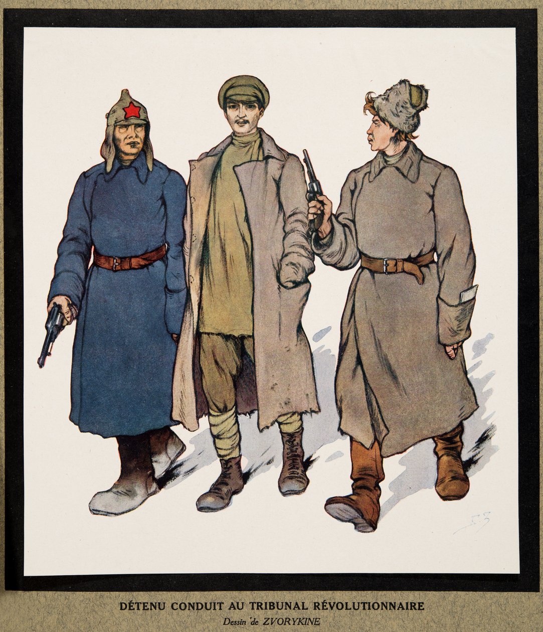 Zatrzymany zabrany do Trybunału Rewolucyjnego; z Histoire des Soviets, wyd. 1922 (kolor lito) autorstwa Boris Vasilievich Zvorykin
