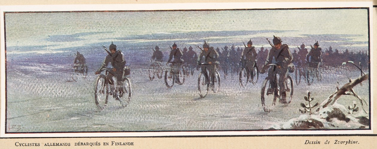niemieccy rowerzyści przybywający do Finlandii; z Histoire des Soviets, wyd. 1922 (kolor lito) autorstwa Boris Vasilievich Zvorykin