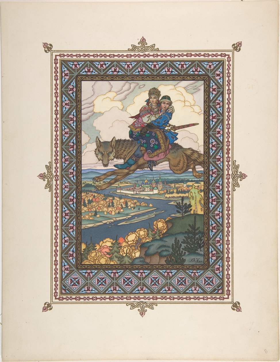 Ilustracja do baśni Iwana Carewicza, Ognistego Ptaka i Szarego Wilka 1925 autorstwa Boris Vasilievich Zvorykin