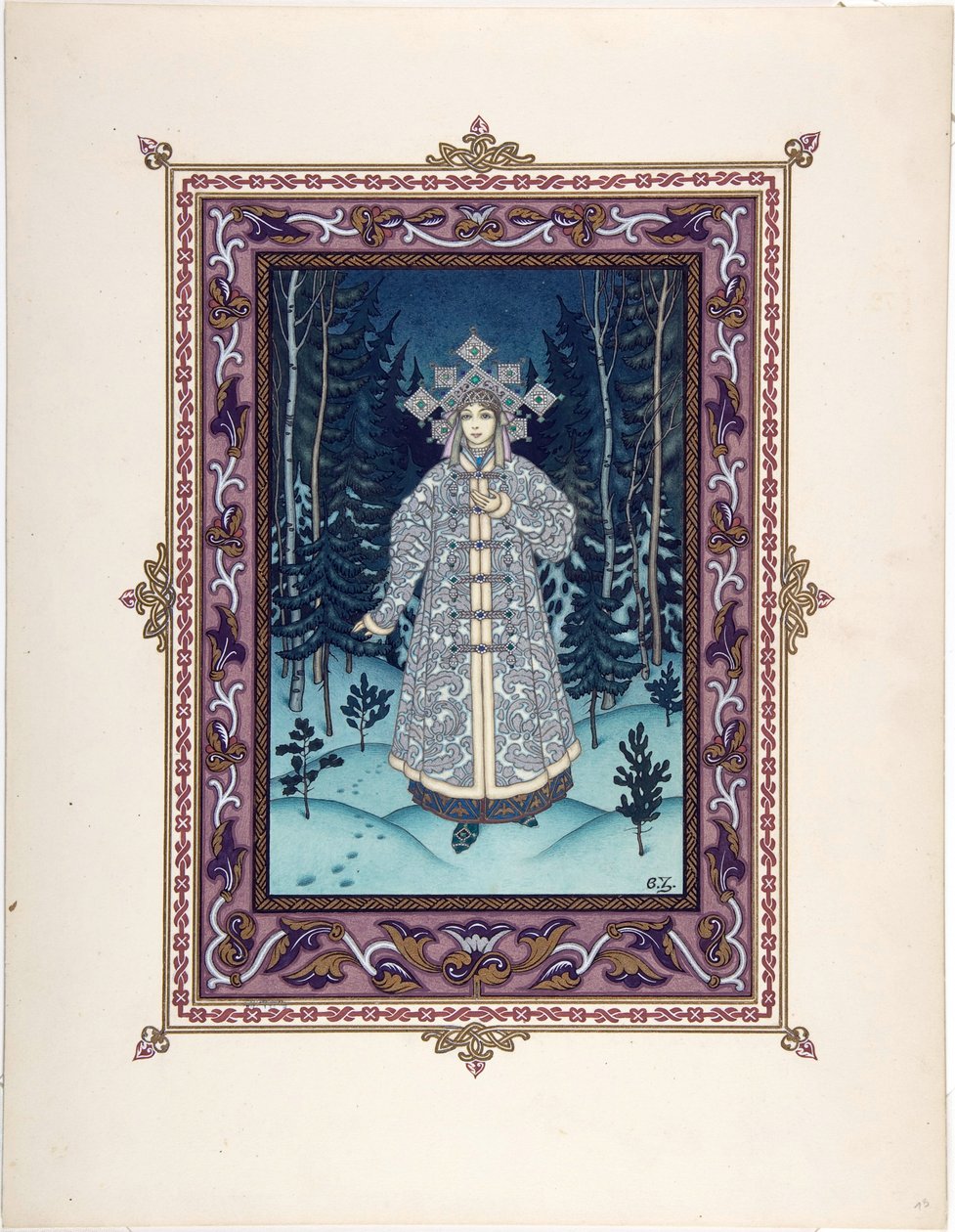 Snegourotchka ( ou Snegourka, la Fille de neige) - Ilustracja do bajki Snegurochka par Zvorykin, Boris Vasilievich (1872-po 1935), ok. 1935 1925 - Litografia kolorowa, 27,3x20,5 - Kolekcja prywatna autorstwa Boris Vasilievich Zvorykin
