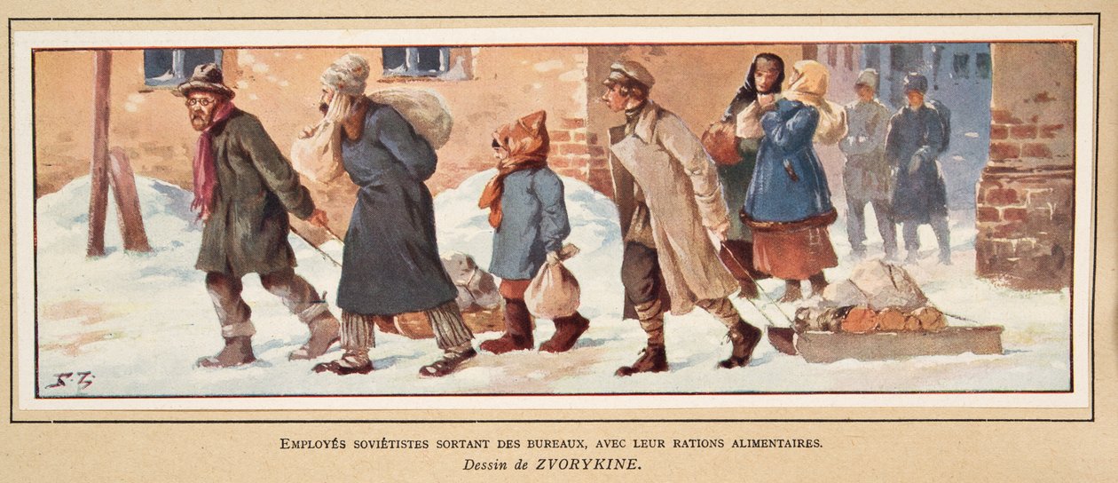 Robotnicy radzieccy opuszczający biuro z racjami żywnościowymi, z Histoire des Soviets, pub. 1922 (kolor lito) autorstwa Boris Vasilievich Zvorykin