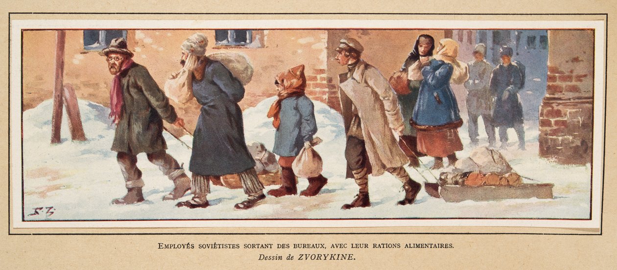 Robotnicy radzieccy opuszczający biuro z racjami żywnościowymi, z Histoire des Soviets, pub. 1922 (kolor lito) autorstwa Boris Vasilievich Zvorykin