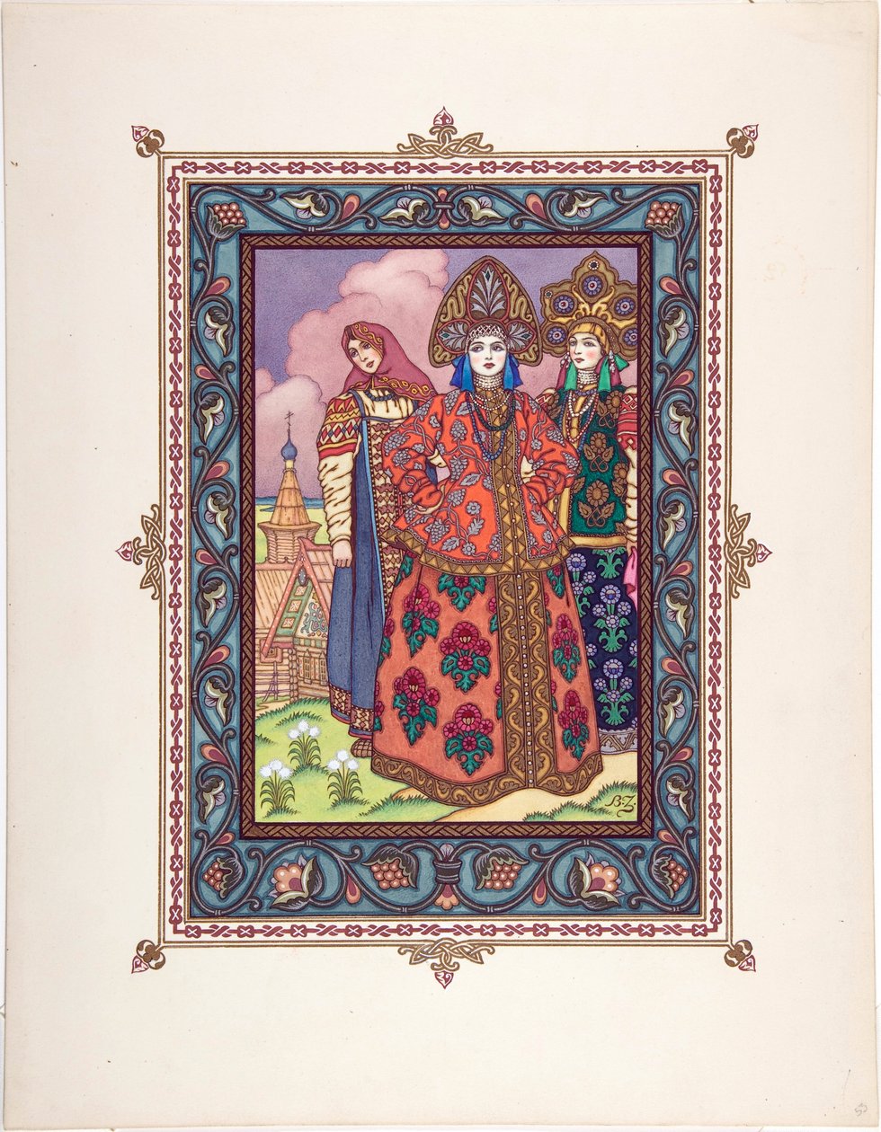 Vassilissa la Belle (Vassilisa la tres Belle) - ilustracja do bajki Vasilisa the Beautiful par Zvorykin, Boris Vasilievich (1872-po 1935), ok. 1930 r. 1925 - Litografia kolorowa, 27,3x20,5 - Kolekcja prywatna autorstwa Boris Vasilievich Zvorykin