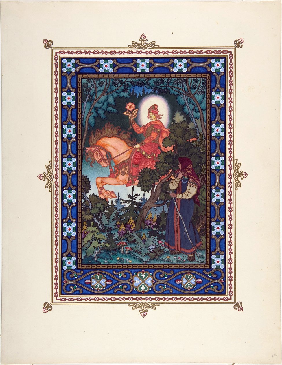 Vassilissa la Belle (ou Vassilissa la tres belle) - ilustracja do bajki Vasilisa the Beautiful par Zvorykin, Boris Vasilievich (1872-po 1935), ok. 1930 r. 1925 - Litografia kolorowa, 27,3x20,5 - Kolekcja prywatna autorstwa Boris Vasilievich Zvorykin