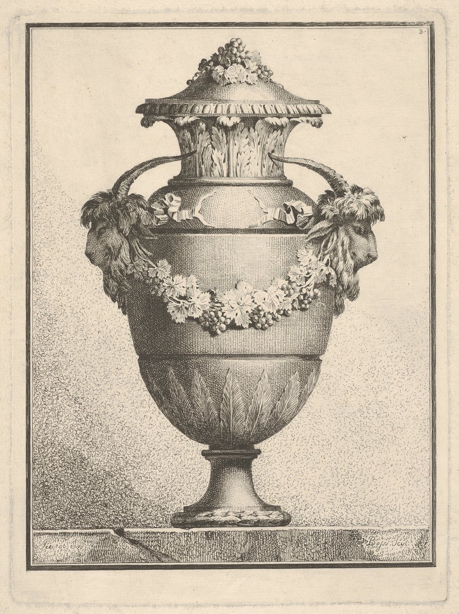 Projekt na zakryty wazon z dwiema kozimi głowami i girlandą, 1764 r. autorstwa Bossi
