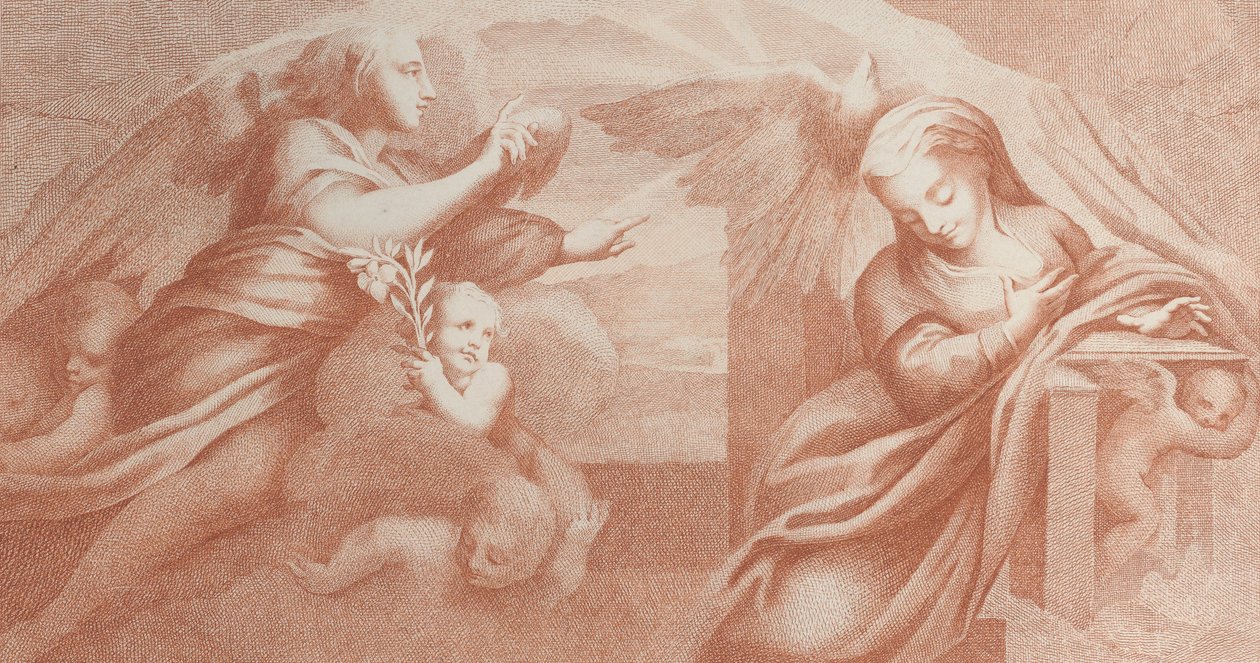 Zwiastowanie, z Gabrielem po lewej i Dziewicą po prawej, 1784. autorstwa Bossi