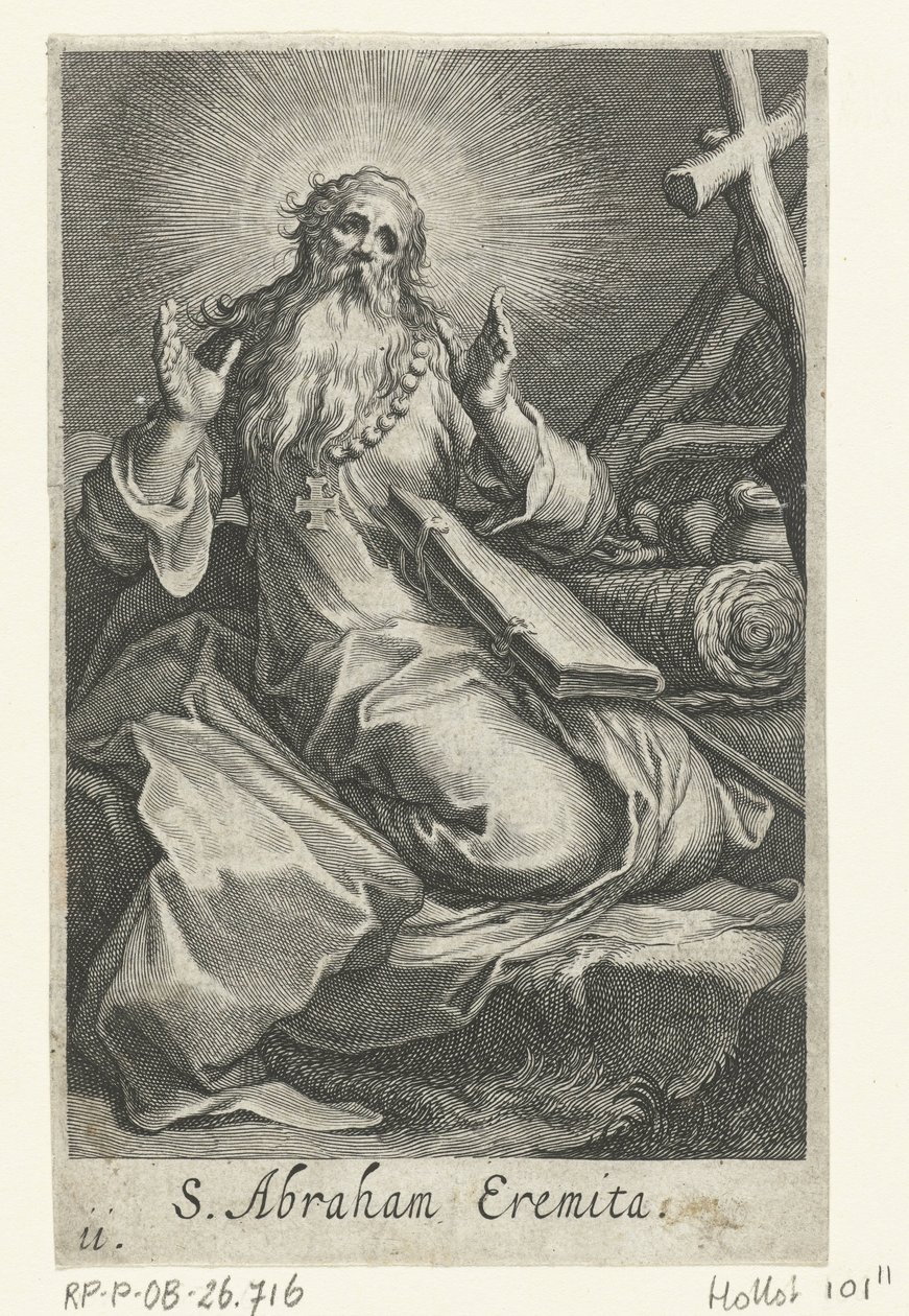 Święty Abraham z Edessy jako pustelnik S. Abraham Eremita (tytuł na obiekcie) Pustelnicy (tytuł serii) Sacra eremvs ascetarvm (tytuł serii) autorstwa Boëtius Adamsz. Bolswert
