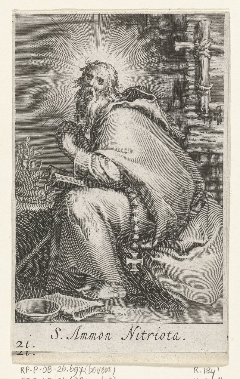 Święty Ammonius Wielki jako pustelnik S. Ammon Nitriota (tytuł na obiekcie) Pustelnicy (tytuł serii) Sacra eremvs ascetarvm (tytuł serii) autorstwa Boëtius Adamsz. Bolswert
