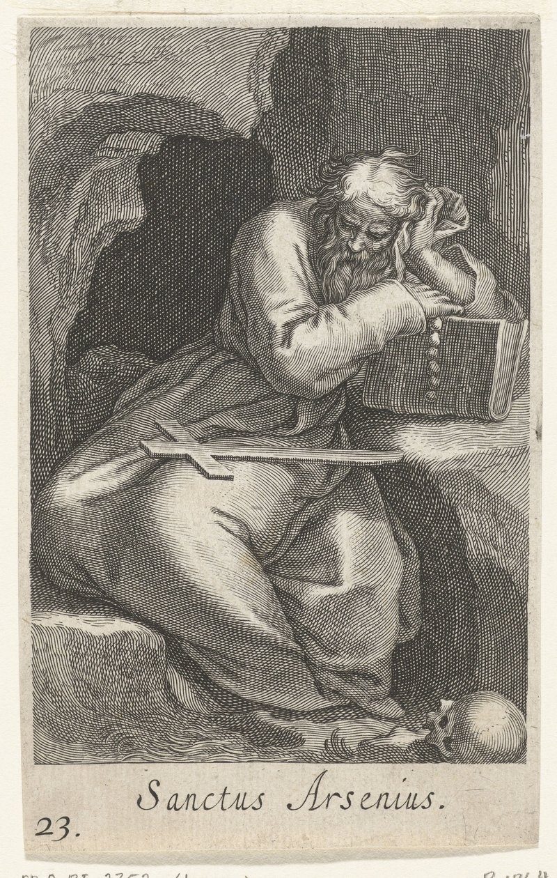 Święty Arseniusz Wielki jako pustelnik Sanctus Arsenius (tytuł na obiekcie) Pustelnicy (tytuł serii) Sacra eremvs ascetarvm (tytuł serii) autorstwa Boëtius Adamsz. Bolswert