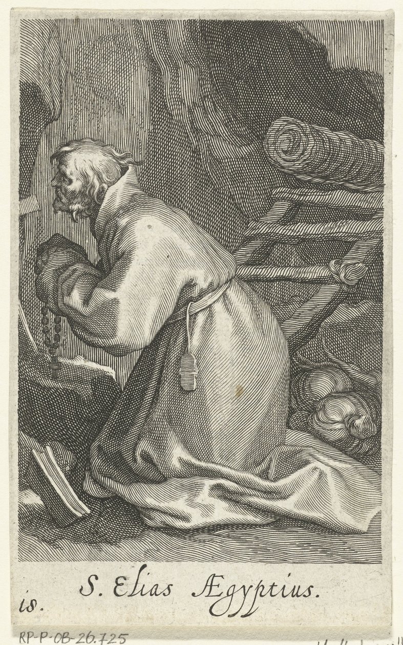 Święty Eliasz z Cezarei jako pustelnik S. Elias Aegyptius (tytuł na obiekcie) Pustelnicy (tytuł serii) Sacra eremvs ascetarvm (tytuł serii) autorstwa Boëtius Adamsz. Bolswert