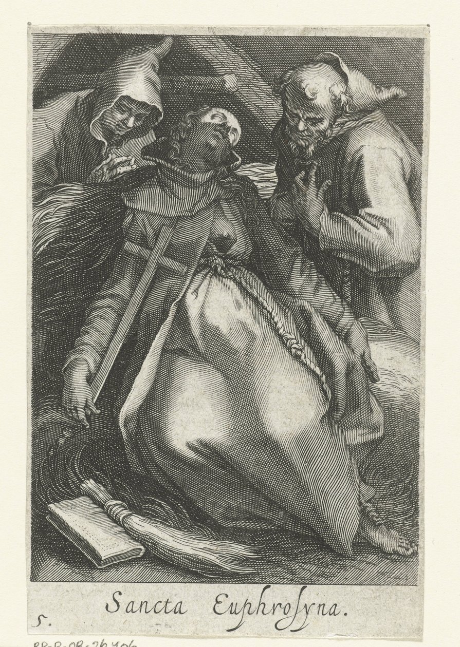 Święta Eufrosina Aleksandryjska jako pustelnik Sancta Euphrosyna (tytuł na obiekcie) Pustelnicy (tytuł serii) Sacra Eremus Ascetriarum (tytuł serii) autorstwa Boëtius Adamsz. Bolswert