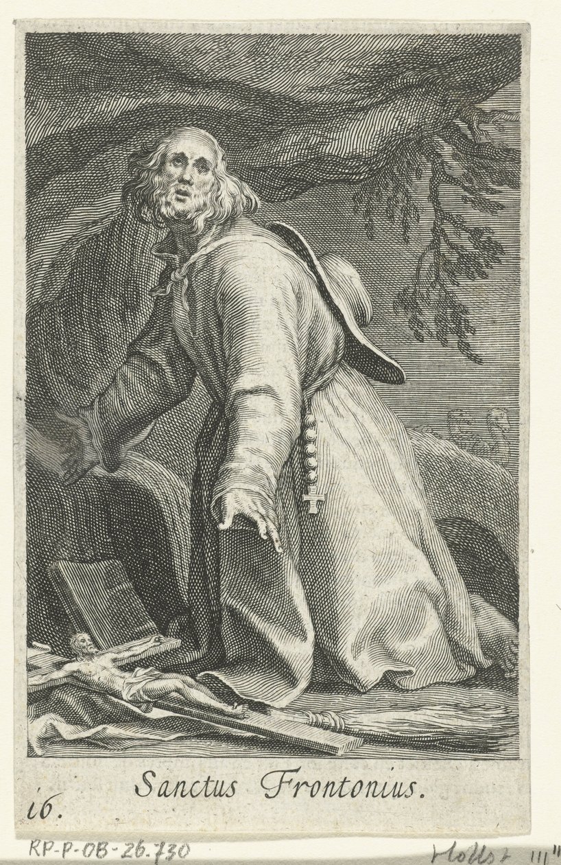 Święty Frontoniusz Egiptu jako pustelnik Sanctus Frontonius (tytuł na obiekcie) Pustelnicy (tytuł serii) Sacra eremvs ascetarvm (tytuł serii) autorstwa Boëtius Adamsz. Bolswert