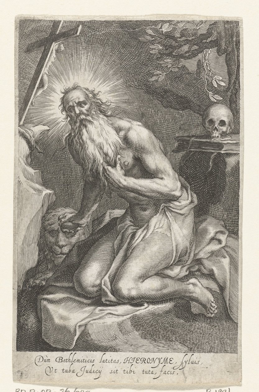 Święty Hieronim z Betlejem jako pustelnik Dùm Bethlemiticis latitas (...) tibi tuta facis (tytuł na obiekcie) Pustelnicy (tytuł serii) Ad sacrum speculum (...) patribus that ales (tytuł serii) autorstwa Boëtius Adamsz. Bolswert