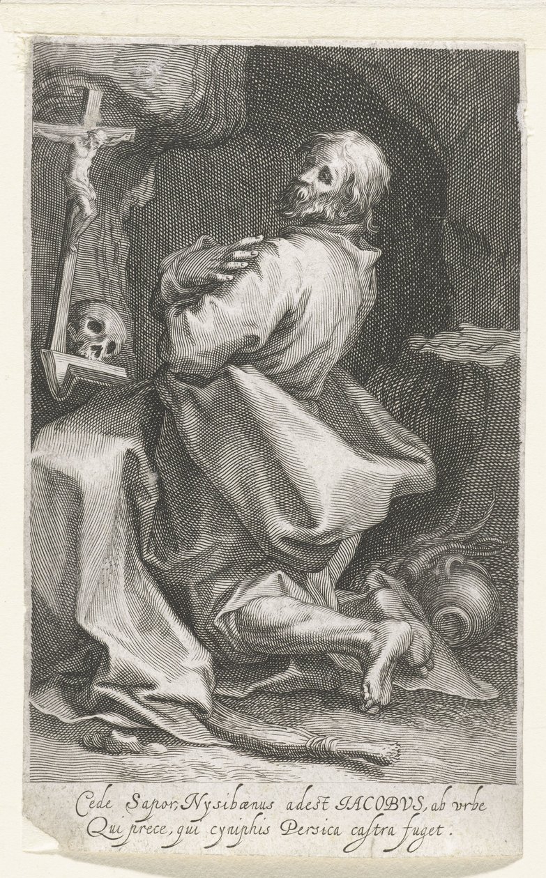 Heilige Jacobus van Nisibis als kluizenaar Cede sapor Nysibaenus (...) Persica ucieka z obozu (tytuł na obiekcie) Kluizenaars (tytuł serii) Przy świętym lustrze (...) uskrzydla ojcom (tytuł serii) autorstwa Boëtius Adamsz. Bolswert