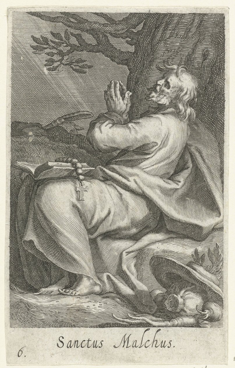 Św. Malchus z Chalkis jako pustelnik Sanctus Malchus (tytuł na obiekcie) Pustelnicy (tytuł serii) Sacra eremvs ascetarvm (tytuł serii) autorstwa Boëtius Adamsz. Bolswert